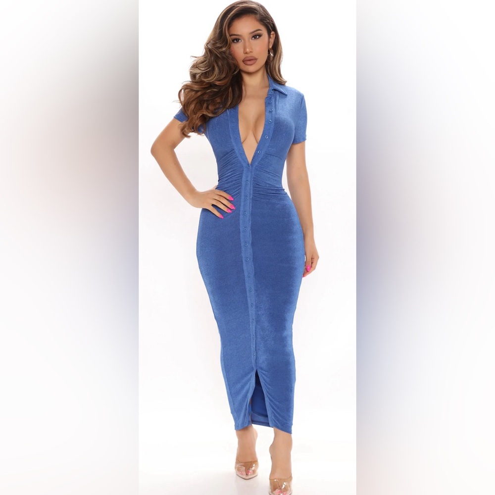Fashion Nova Royal Blue Slinky Button-down MIDI Dress Size Small NWT!!!